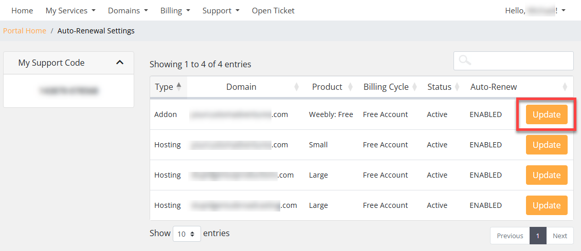 Auto-Renew Settings - Update button