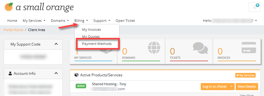 Customer Area - Billing tab - Payment Methods