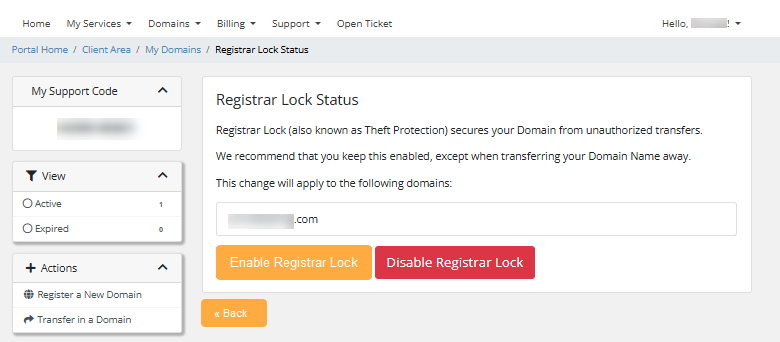 My Domains - Registrar Lock Status