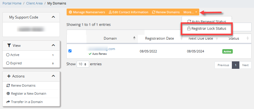 My Domains - Registrar Lock Status