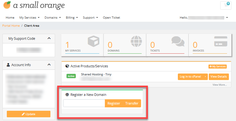 Register a New Domain box