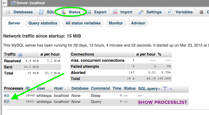 phpMyAdmin - Status tab