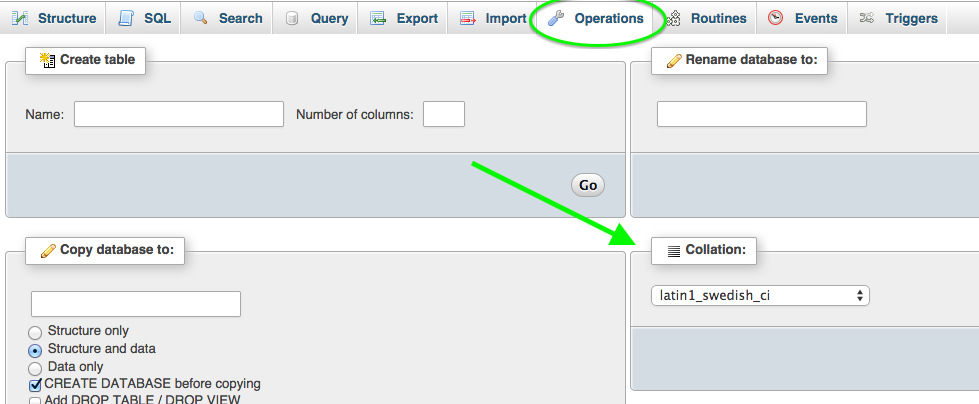 cPanel - phpMyAdmin - Operations tab